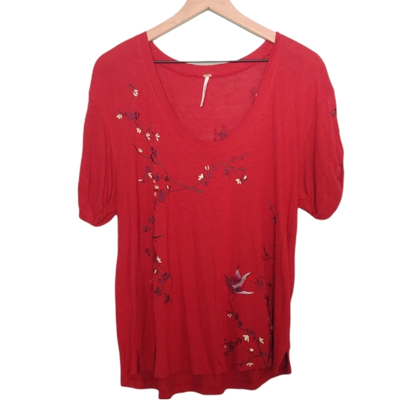Free People Tops - Free People Red Embroidered Floral Bird Linen Blend Top Size Medium